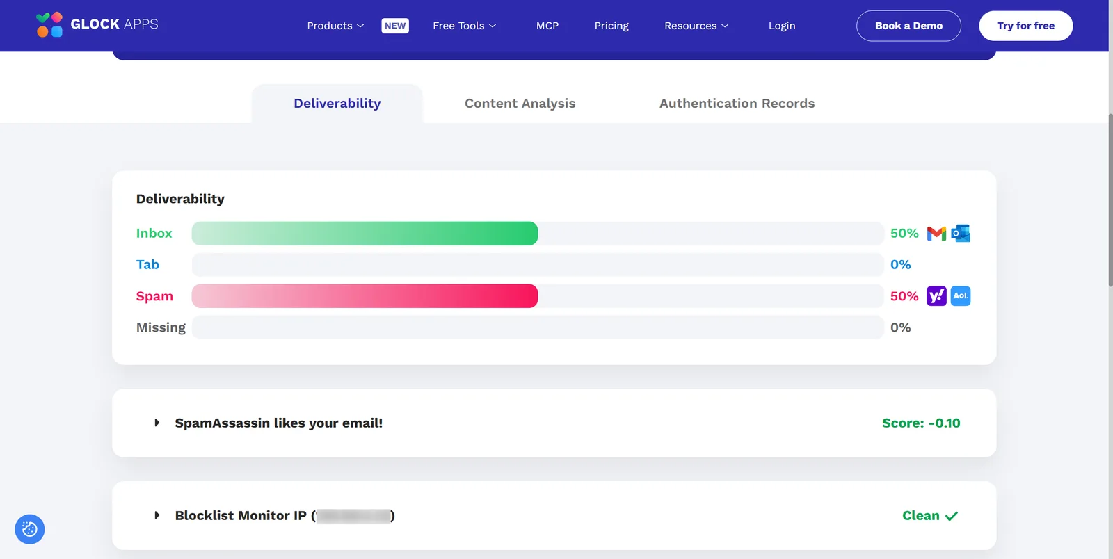 GlockApps result showing inbox placement on Gmail and Outlook and spam placement on Yahoo and AOL