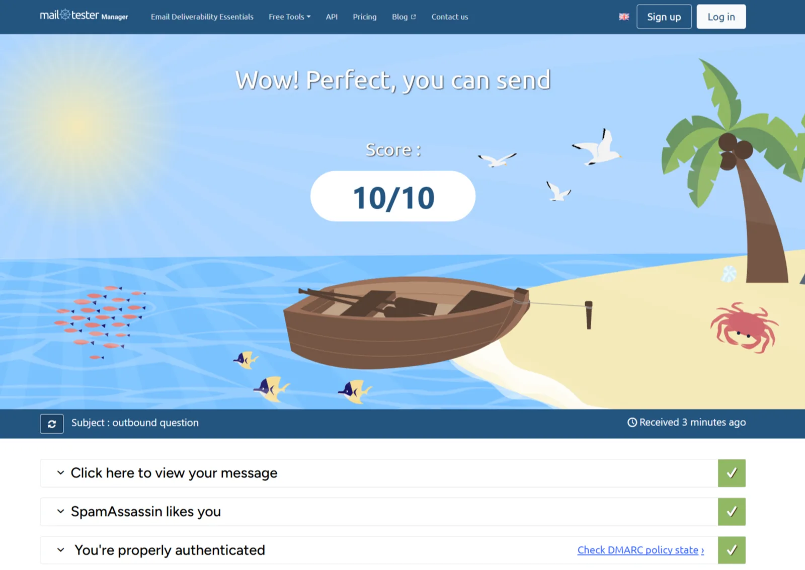 mail-tester.com report showing a score of 10 out of 10