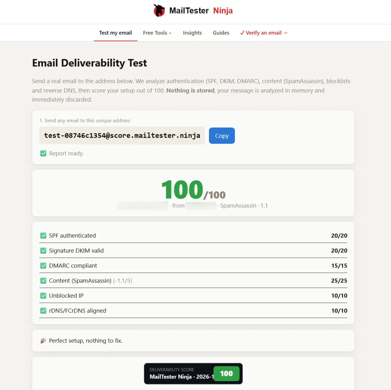 MailTester Ninja report showing a deliverability score of 100 out of 100