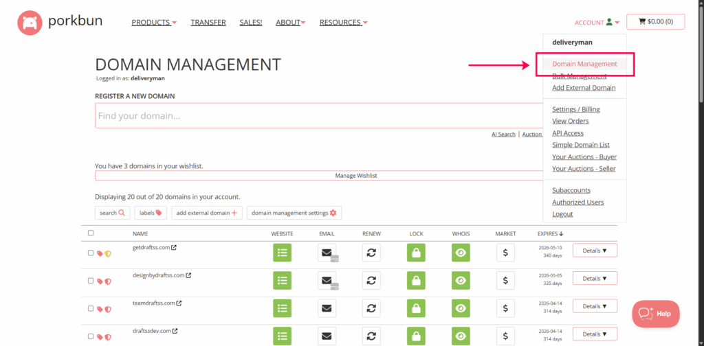 porkbun domain management